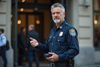 Agent de securite en uniforme surveillant l entree d un bureau