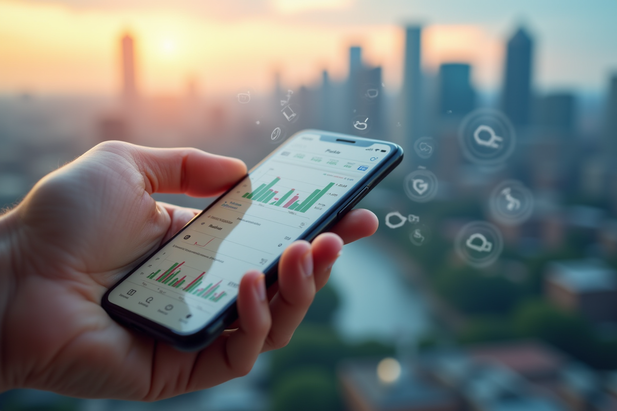 Main tenant un smartphone avec analyses et graphiques de réseaux sociaux en ville