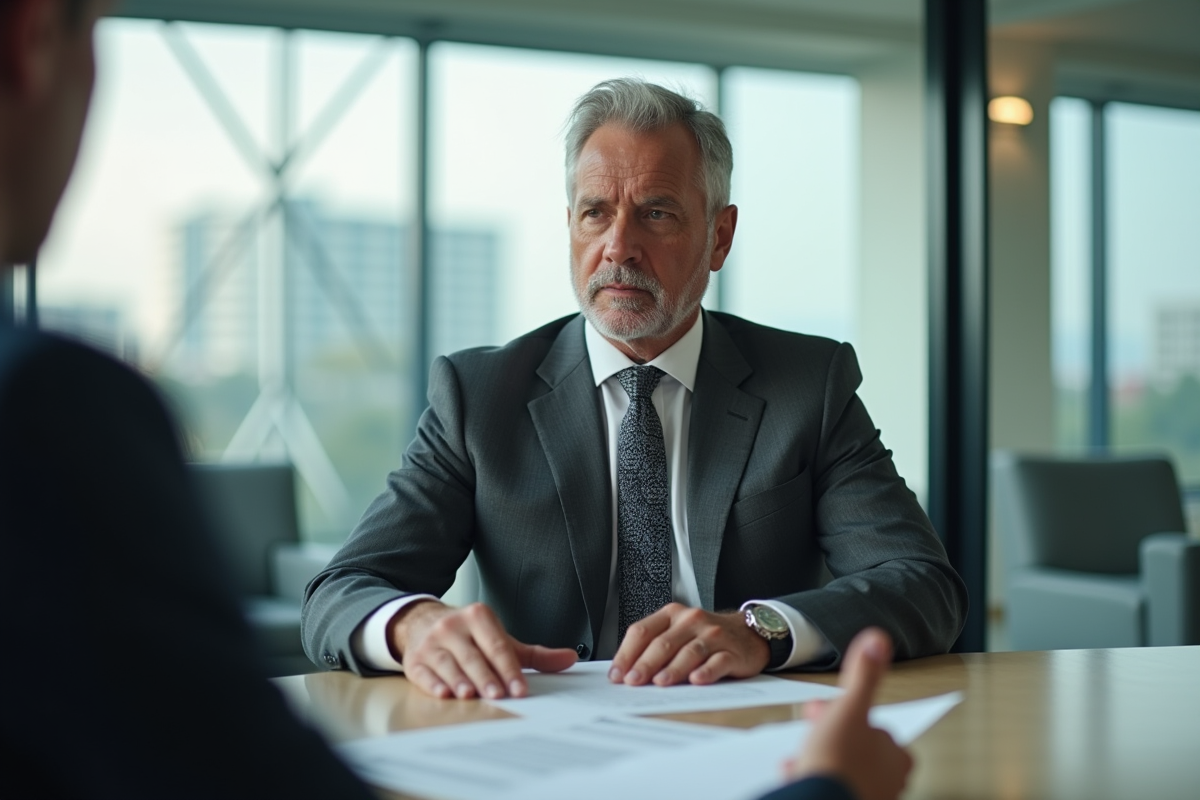 Avocat expliquant des papiers à un client dans un lounge moderne