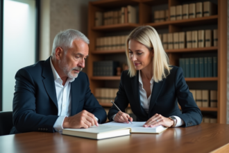 Deux avocats en réunion dans un bureau moderne avec documents