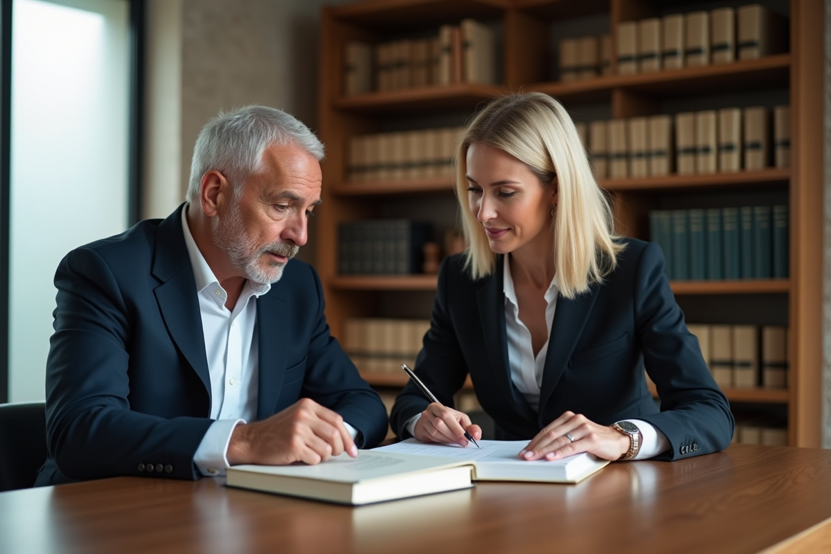 Deux avocats en réunion dans un bureau moderne avec documents