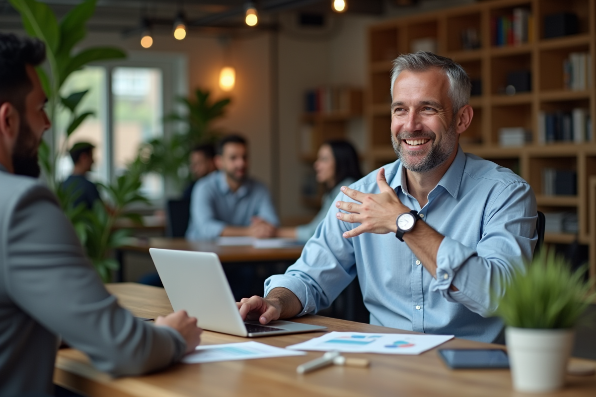 Homme en discussion collaborative dans un espace coworking