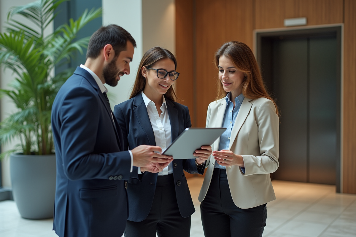 Groupe de professionnels discutant dans un hall d