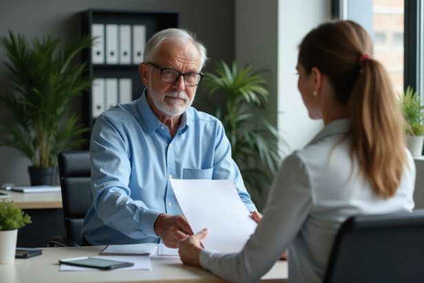 Homme senior en bleu remet une lettre à une femme en bureau