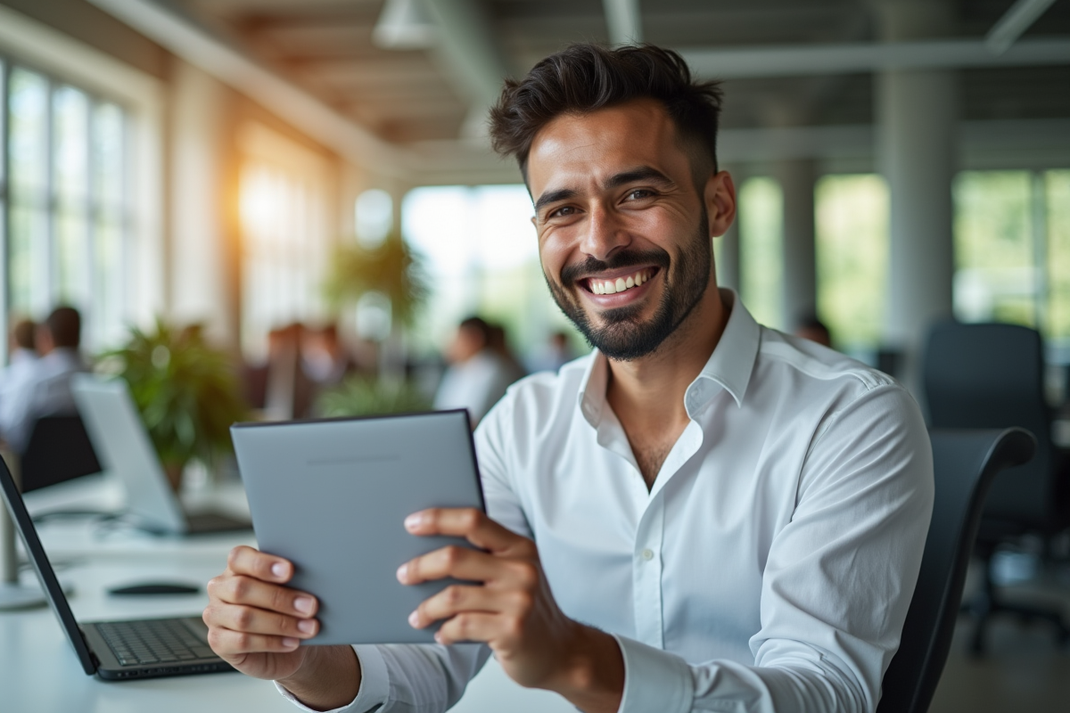 Employe souriant tenant une enveloppe Kadeos Infini dans un bureau ensoleille