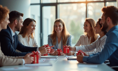 Groupe de professionnels échangeant des bons cadeaux dans un bureau lumineux