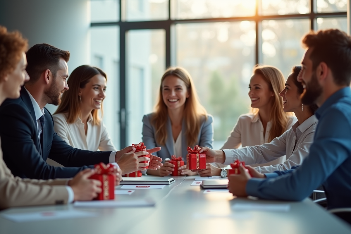 Groupe de professionnels échangeant des bons cadeaux dans un bureau lumineux