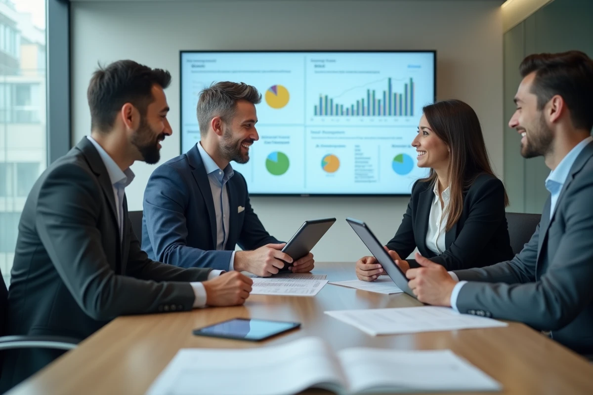 Groupe de trois professionnels discutant d