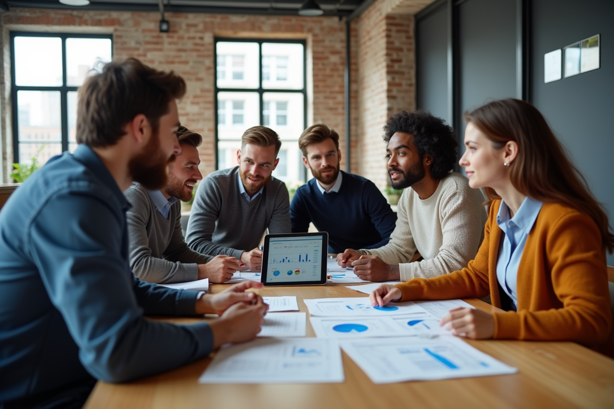 Groupe de jeunes professionnels en discussion dans un espace moderne