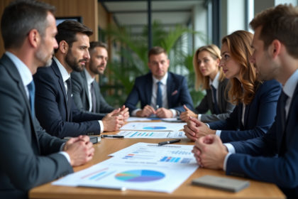 Groupe de professionnels en réunion avec documents ISO conformité