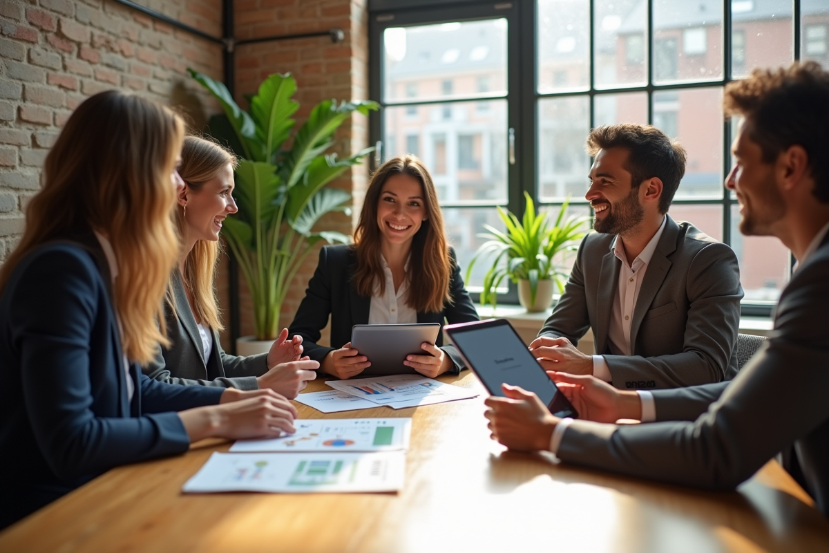 Groupe de jeunes professionnels discutant autour d
