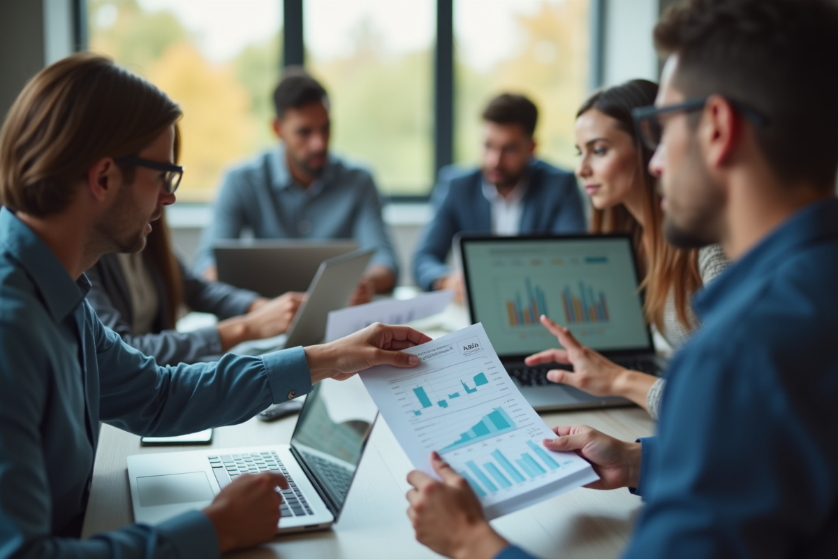 Équipe diverse discutant des performances avec documents et ordinateurs