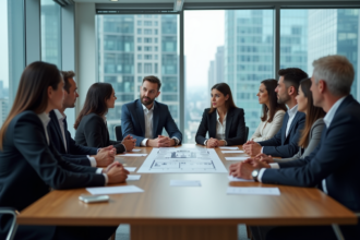 Groupe de professionnels en réunion autour d'un graphique sur les forces de Porter