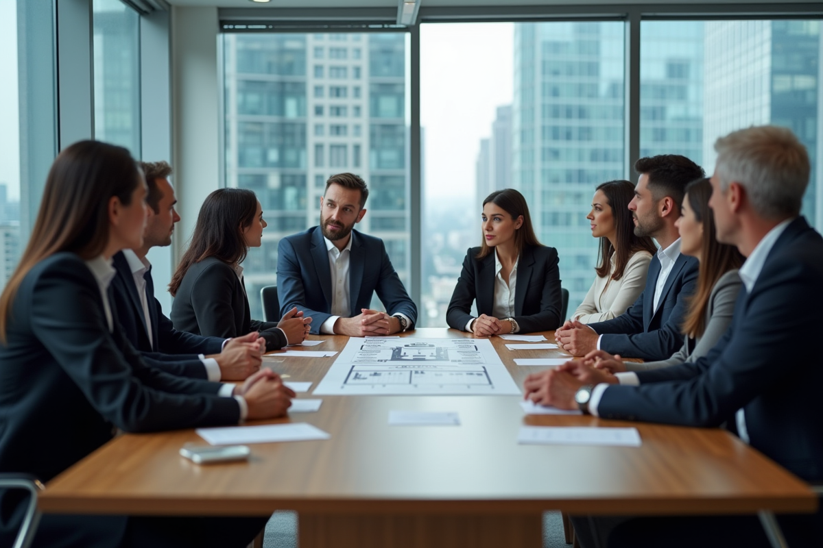 Groupe de professionnels en réunion autour d'un graphique sur les forces de Porter