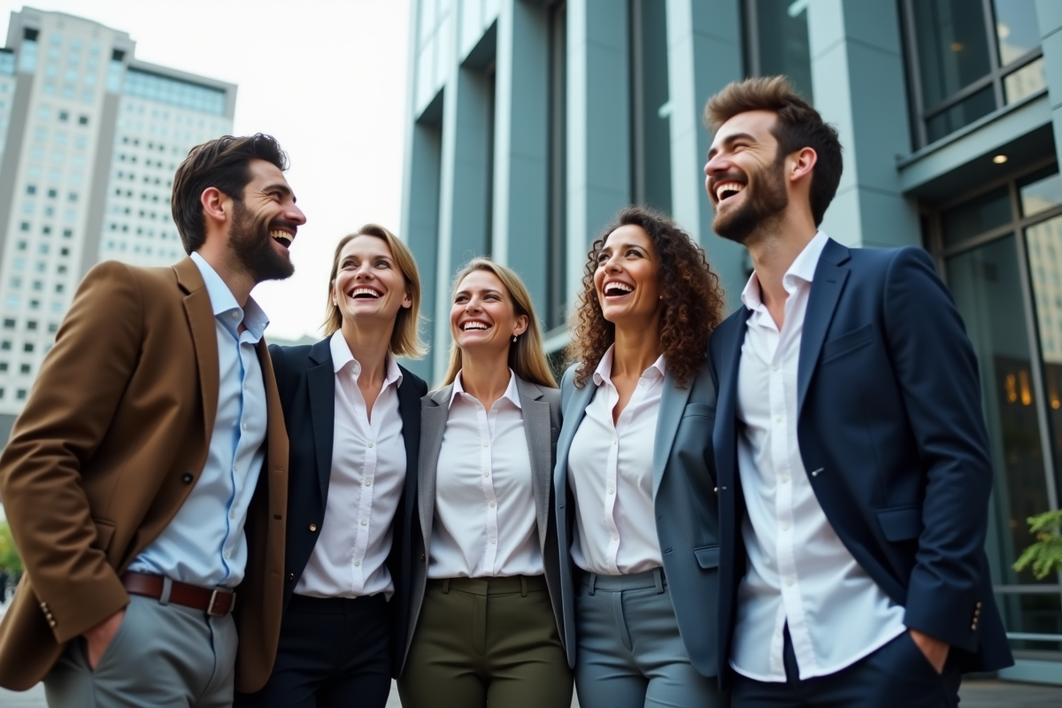 Equipe diverse célébrant leur succès en extérieur