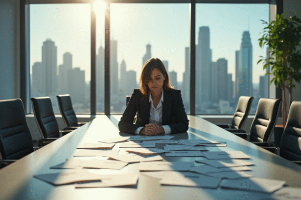 Femme d'affaires inquiète seule à la réunion avec documents
