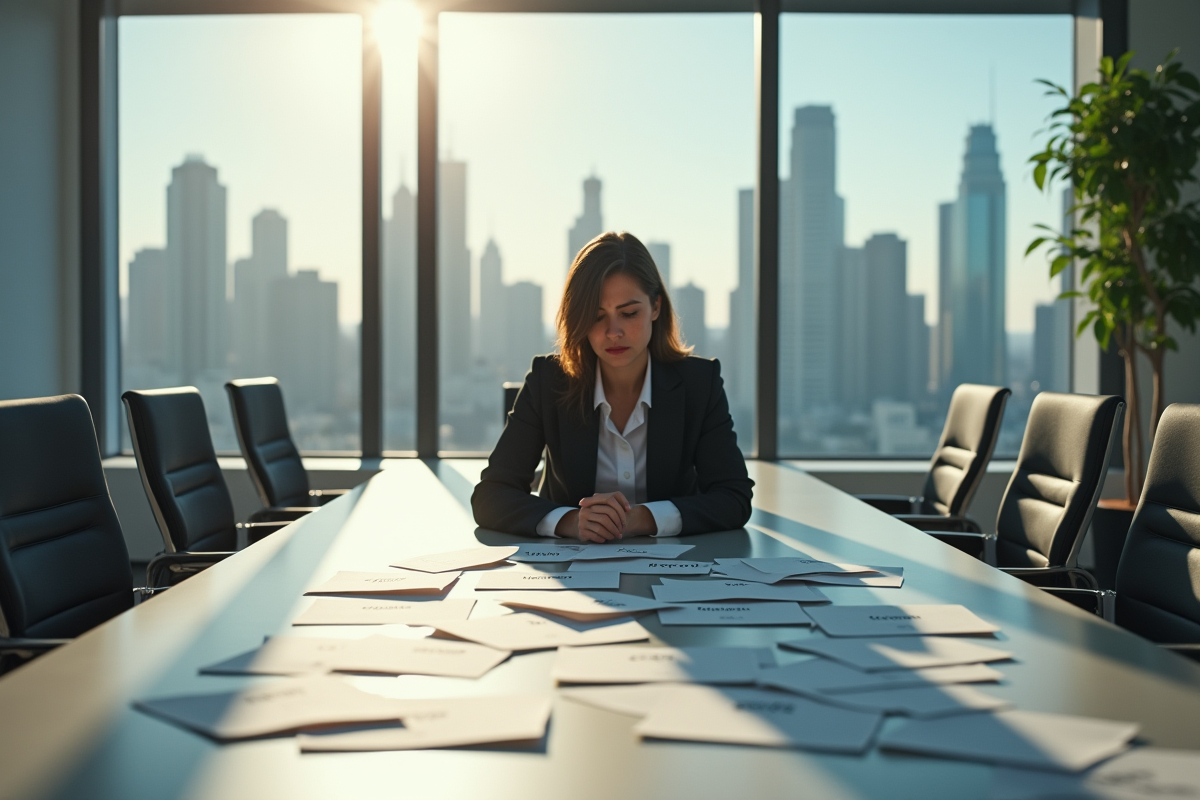 Femme d'affaires inquiète seule à la réunion avec documents