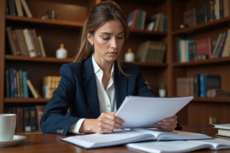 Femme d'affaires en blazer bleu examine des documents juridiques