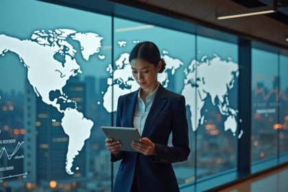 Femme d'affaires confiante regardant une tablette dans un bureau moderne