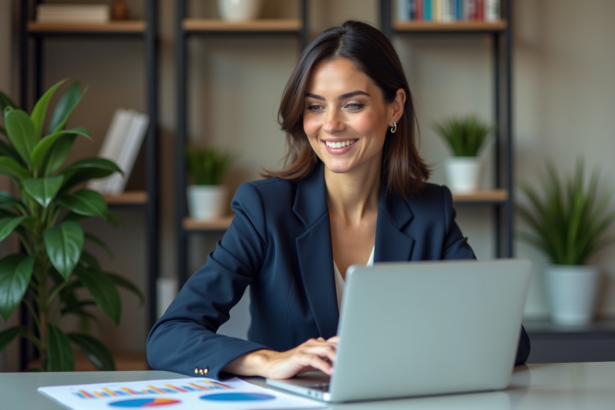 Femme d'affaires en costume bleu regardant des graphiques marketing