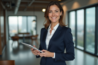Femme d'affaires française avec tablette en coworking
