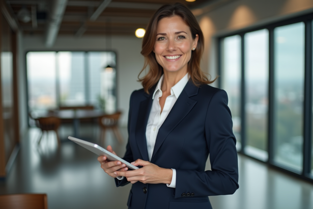 Femme d'affaires française avec tablette en coworking