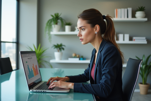 Femme en bureau analysant des données marketing sur son ordinateur