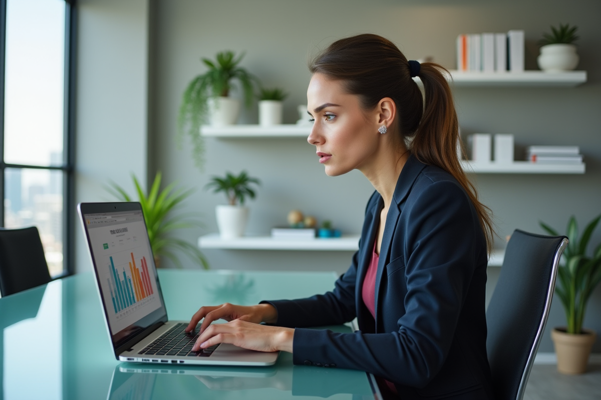 Femme en bureau analysant des données marketing sur son ordinateur