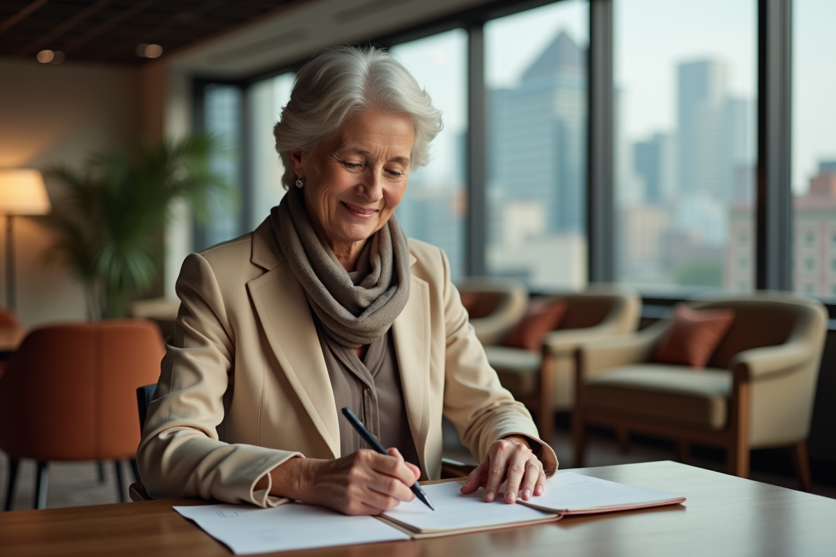 Femme professionnelle souriante ferme un classeur dans un espace lounge