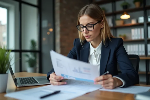 Femme professionnelle en blazer examine des rapports d'audit