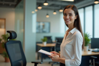 Femme en bureau moderne avec chaise ergonomique