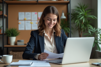 Femme en blazer dans un bureau à domicile moderne