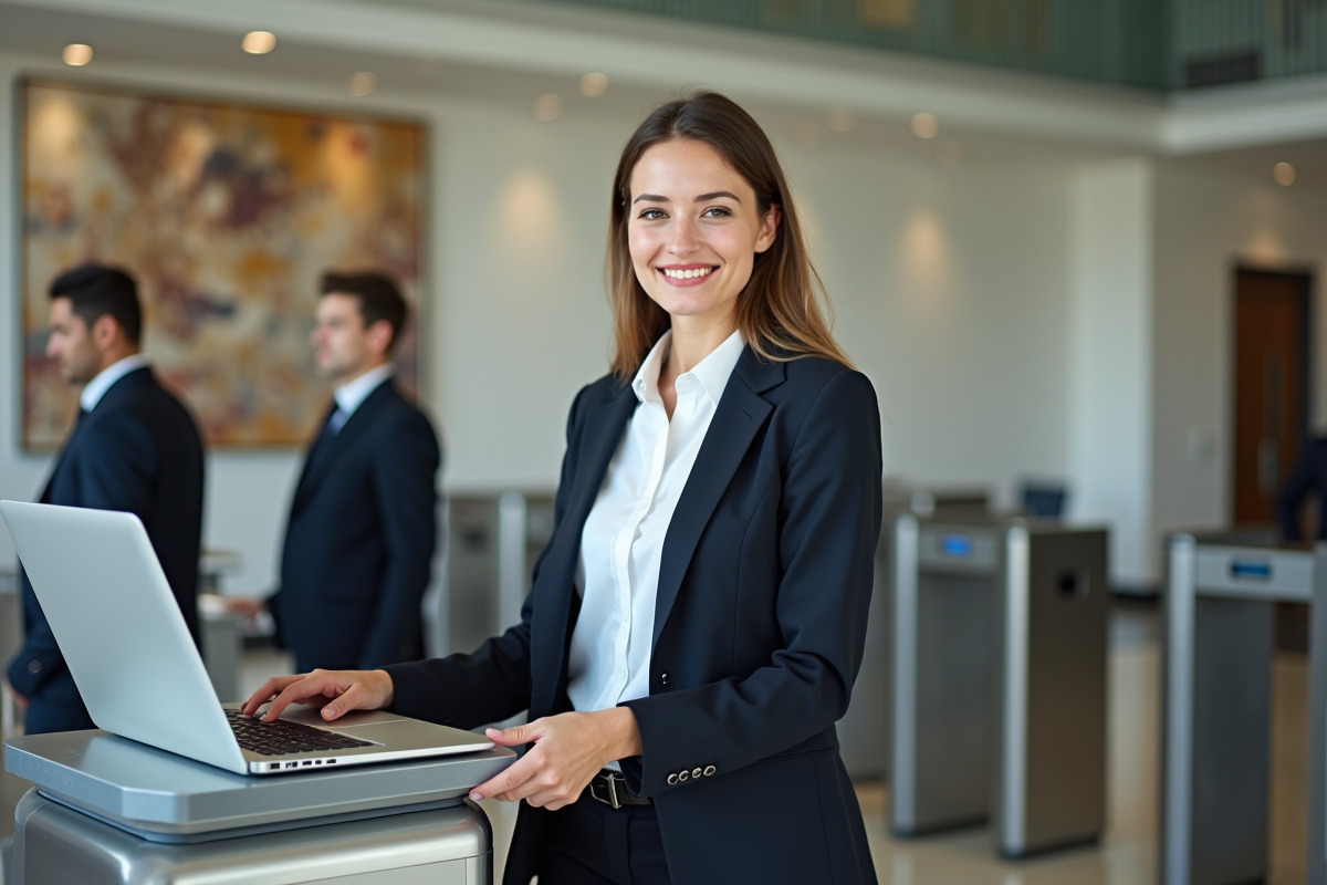 Jeune femme au checkpoint de bureau souriant en plaçant son ordinateur