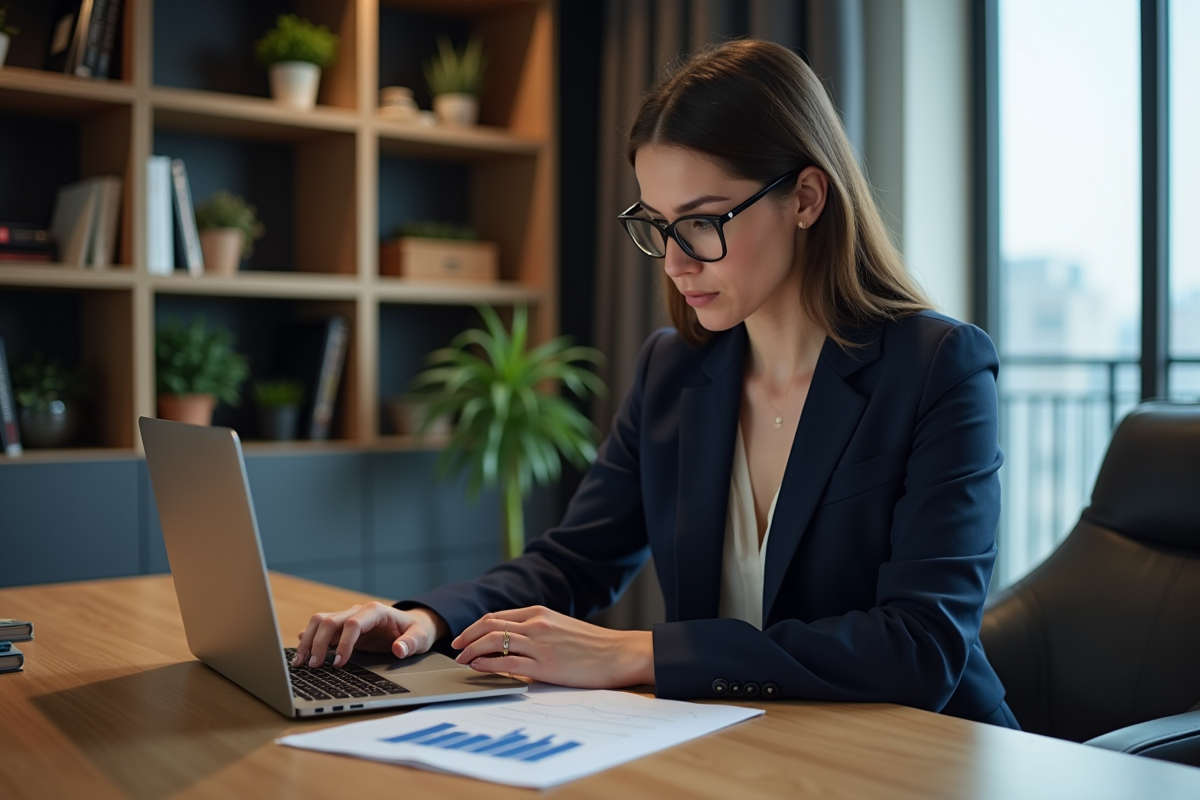 Femme d'affaires étudie graphiques crypto dans un bureau élégant