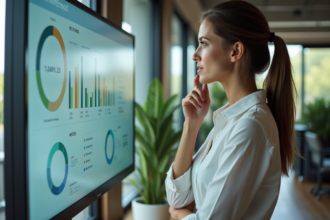Femme examinant un tableau de bord durable en bureau