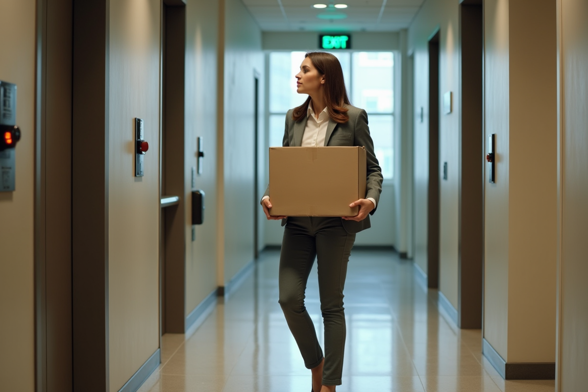 Femme avec boîte de départ dans un couloir d