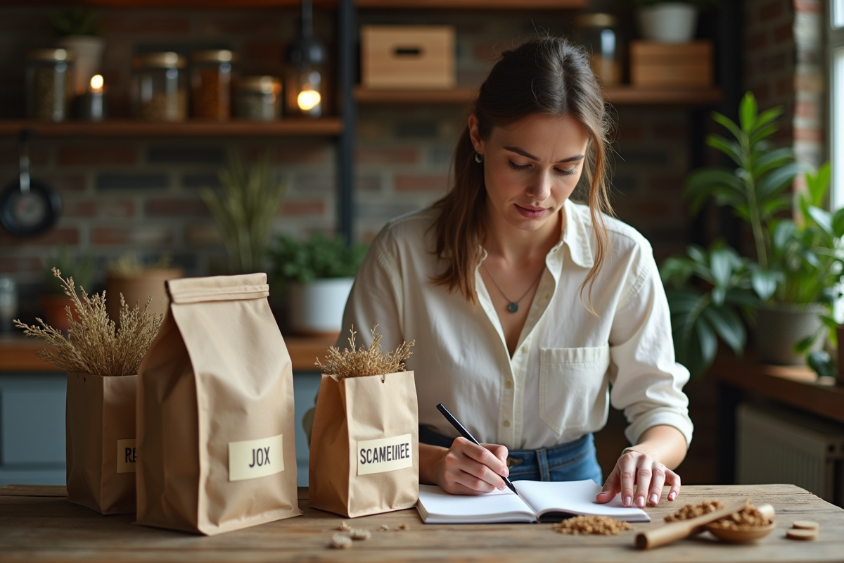 Femme arrangeant plantes médicinales dans une boutique chaleureuse