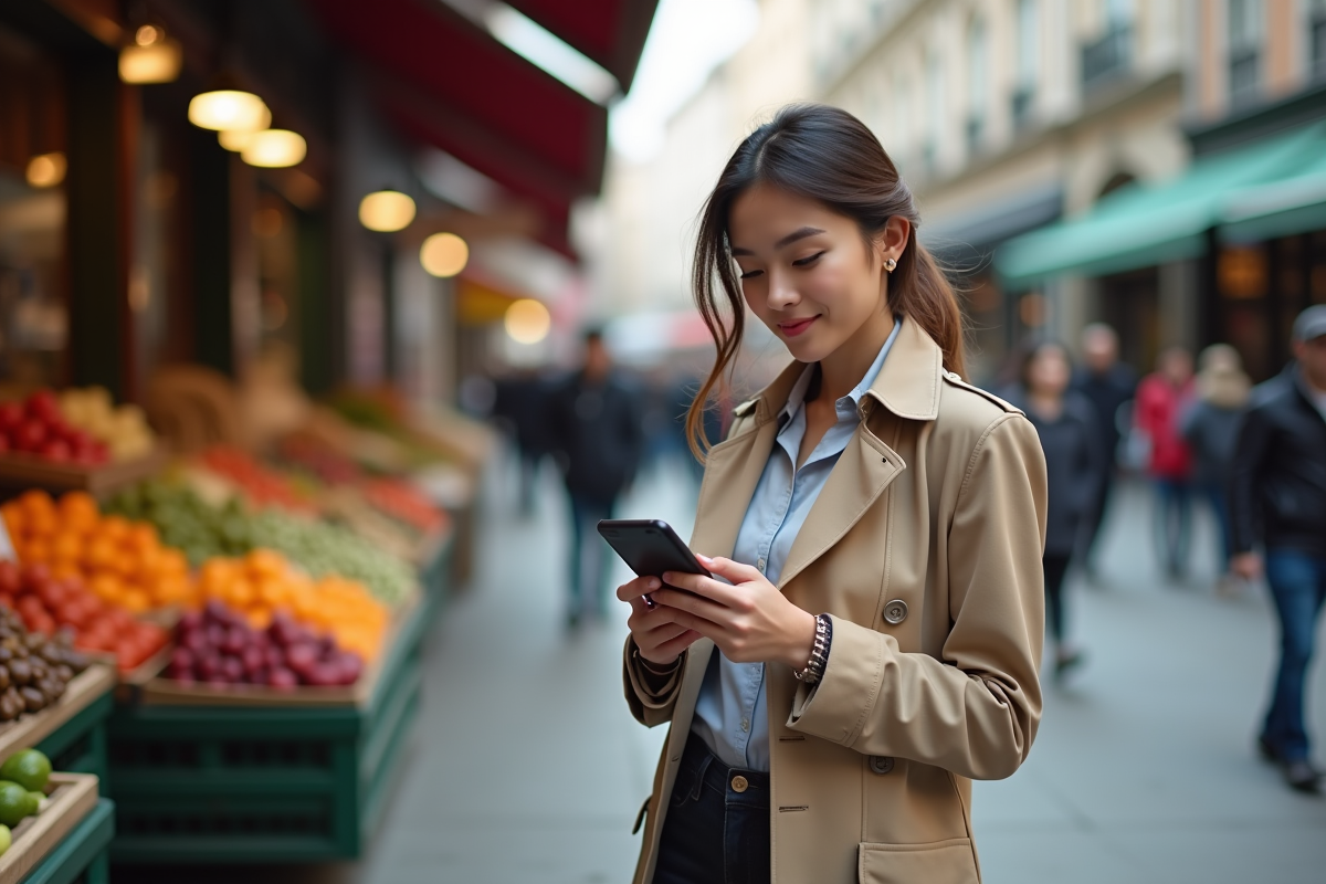 Jeune femme analysant une application financière dans un marché urbain
