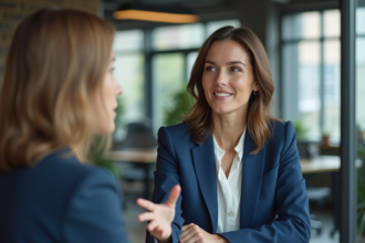Femme professionnelle en blazer bleu dans un bureau moderne