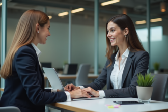 Femme en costume compare deux designs de sites web