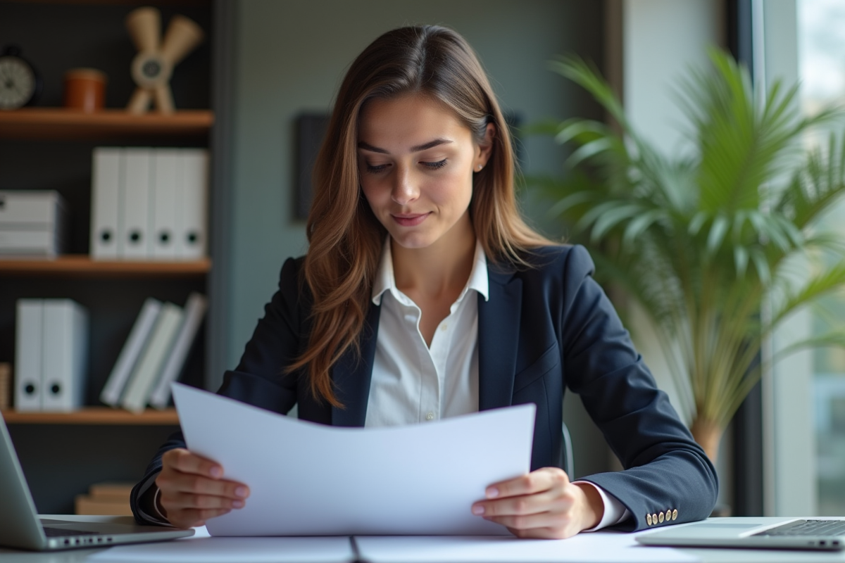 Femme professionnelle étudie un document SEO au bureau