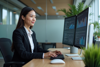 Jeune femme en blazer travaillant sur analytics marketing