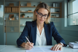 Femme en blazer navy dans un bureau moderne