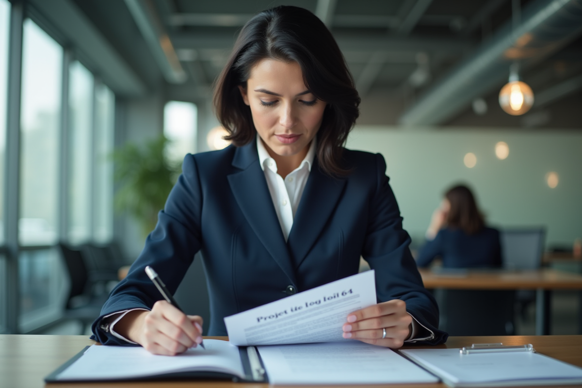 Femme professionnelle en bureau examinant le projet de loi 64