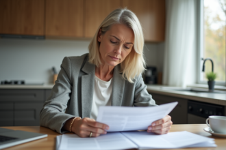 Femme québecoise en tenue professionnelle examine des documents