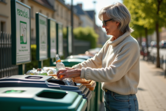 Femme française triant des recyclables dans un centre de tri urbain