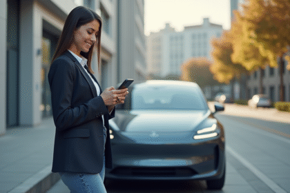 Femme confiante à côté d'une voiture électrique moderne