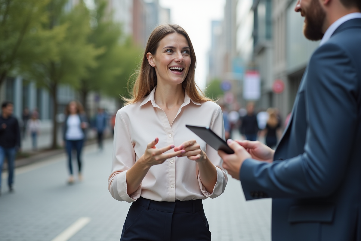 Jeune femme discutant en ville avec un client