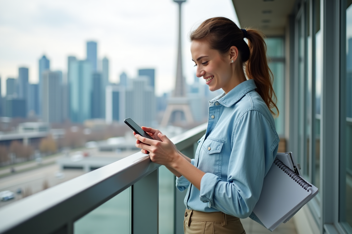 Jeune femme avec smartphone sur un balcon à Toronto