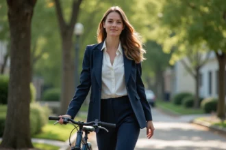 Femme en costume marchant avec un vélo dans une rue résidentielle